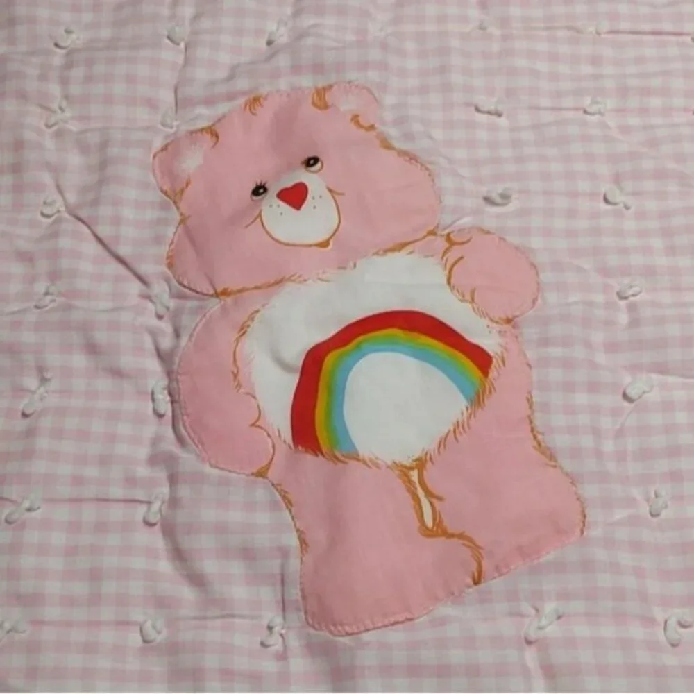 Vintage 80s Care Bears Cheer Bear Applique Pink Gingham Lace Trim Baby Blanket - Picture 2 of 5